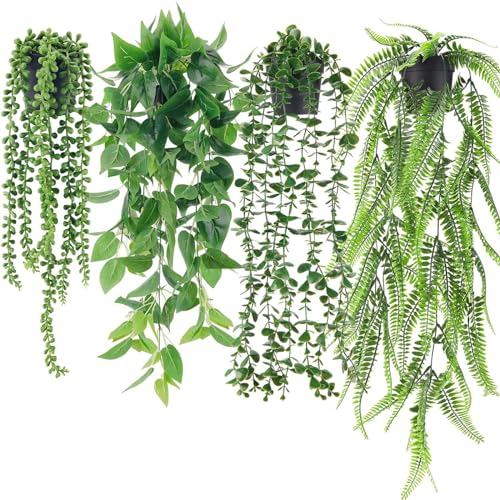 KQMGJYB 4 Stück Künstliche Pflanzen, Künstliche Hängepflanzen im Topf, 65cm Künstliche Hängepflanzen Wie Echt Grünpflanze Plastikpflanzen Deko für Indoor Outdoor Draußen Hochzeit Garten Deko