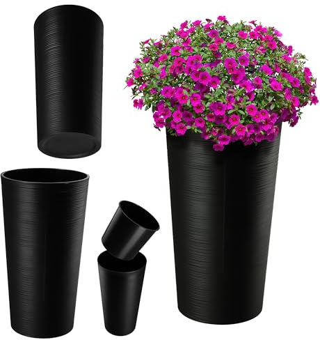 KADAX Cache-Pot décoratif Noir ⌀ 30 cm x H 57,5 cm, Plastique avec éclats de Bois, Insert Amovible – décoration Moderne pour intérieur