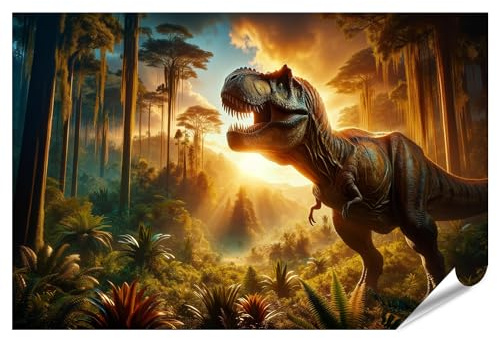 islandburner Prime XXL Bild Poster Tyrannosaurus Rex leuchtet in prähistorischer Dschungellandschaft Premium Bilder Fotodruck