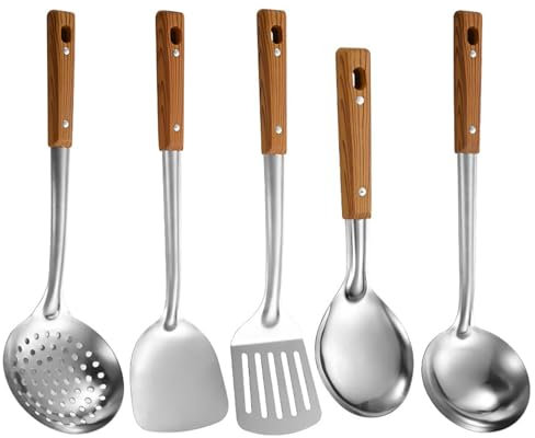 5 utensilios de cocina de acero inoxidable con mango de madera, espátulas, cuchara de arroz, pala, cucharones de sopa, utensilios de cocina