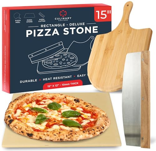 15 x 12 Inch Rectangular Cordierite Pizza Stone for Grill and Oven, with Wooden Peel and Cutter - Deluxe