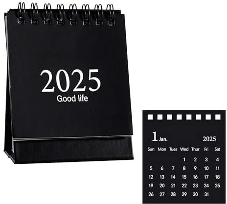 Mini-Tischkalender 2025, kleiner Tischkalender 2025, Mini-Kalender, stehend, Flip-Kalender, 10,2 x 7,6 cm dicke Papierbindung für Zuhause und Büro, Schwarz