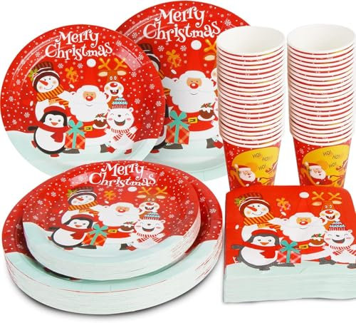 Christmas Party Decorations Paper Plates, Christmas Tableware Set Merry Christmas Dinnerware with Paper Plates Napkins Cups Tableclothes Banner for Xmas Holiday Party Supplies
