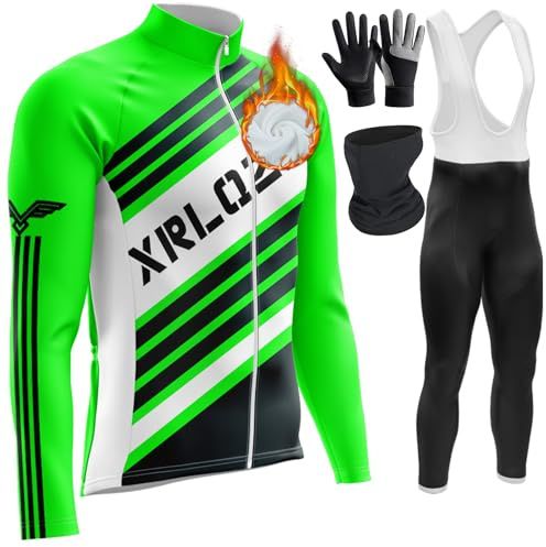 Herren Langarm Fahrrad Trikot Set,Thermische Fleece MTB Trikot + 9D Gel | Rennrad Trikot Fahrradtrikot,Winddicht Atmungsaktiv,Gesäßtasche• Reflektoren•-10°C,Geeignet für Langstreckenreisen,Offroad