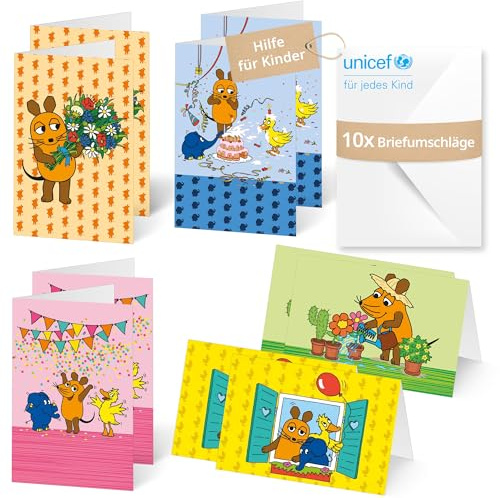 Unicef Geburtstagskarten Die Maus feiert | 10 Klappkarten mit Umschlägen | Helfen Sie Kindern in Not: Die Maus mit Blumen, Torte, Konfetti und Luftballon – 10 Karten, 5 Motive (11,7 x 17,5 cm)