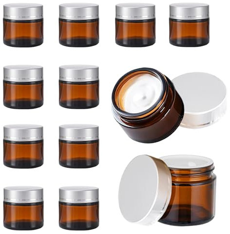 Verre Ambré Boîte Vide, 12 Pièces Bocaux Ronds Ambré, 10 ml Petit Pot en Verre, Avec Couvercles Silber, Pots de Pommade, Pour Poudre, Llotion, Produits de Beauté, Utilisation en Voyage(Argent)