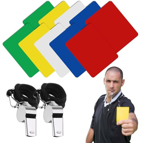 Schiedsrichterkarten-Set, 2 Sets Schiedsrichterkarten & 2 Edelstahlpfeifen, Fußball-Schiedsrichter-Set, enthält rote, gelbe, weiße, grüne und blaue Karten, für Fußball, Sport, Herren, Offizielle