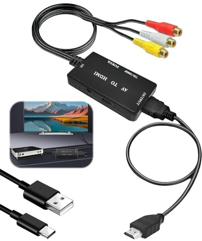 AV RCA to HDMI Converter for PC Laptop Composite CVBS Video Audio to View on HDTVs Support PAL/NTSC 720P/1080P 60Hz AV Female to HDMI Adapter for Wii PS2 PS3 STB VHS VCR Blue-Ray DVD Players Xbox N64