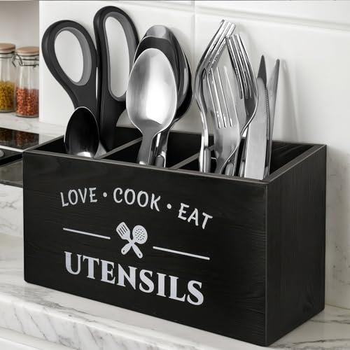 Miawtro Kitchen Utensils Holder,Kitchen Storage Rack with 3-Grid Thickened Wooden Partition Storage,Large-Capacity Utensil Rack,Wooden Utensil older for Tableware,Knife and Fork Box