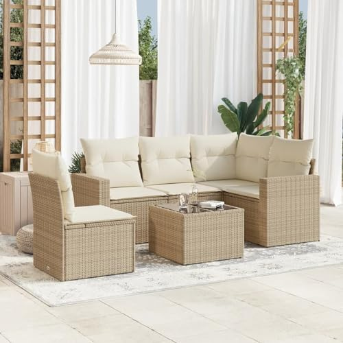 Verderoom Rattan Gartenmöbel Set mit Stauraum Polyrattan Lounge Balkon Lounge Sitzgruppe Outdoor Gartensofa Ecksofa Rattansofa Balkonmöbel-Beige und Creme-6-tlg