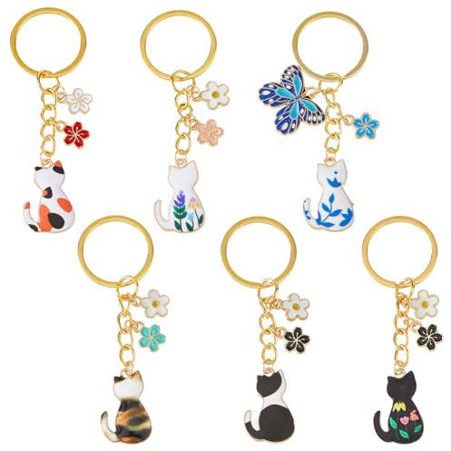 DICOSMETIC Lot de 6 Porte-clés Chats à Fleurs Émail Mignon 57,5 mm Petit Chaton Drôle Porte-clés pour Femmes Cadeaux Porte-monnaie Sac à Main Accessoires