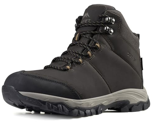 OUTJET Mens Waterproof Hiking Boots Lightweight Comfortable Leather Mid Ankle Outdoor Trekking Boots, brown, 10.5 UK
