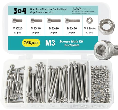 GuoYomm Lot de 160 vis à six pans creux M3 avec écrous en acier inoxydable 304 Jeu de boulons mécaniques entièrement filetés dans une boîte combinée, longueurs : 20 mm, 30 mm, 40 mm, 50 mm