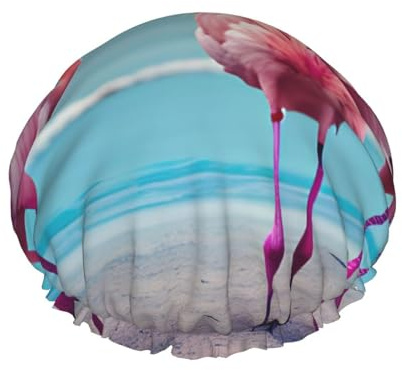 Duschhaube mit Flamingo-Stranddruck, doppellagig, atmungsaktiv, verstellbares Gummiband, langlebige Reiseutensilien