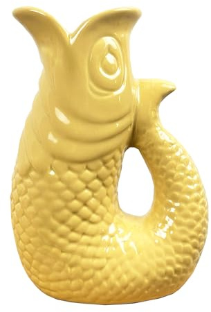 20.5cm Tall YELLOW Ceramic Decorative Fish Shaped Jug Pitcher Ornament for Living Room Vase for Flowers Nautical Decor Bathroom