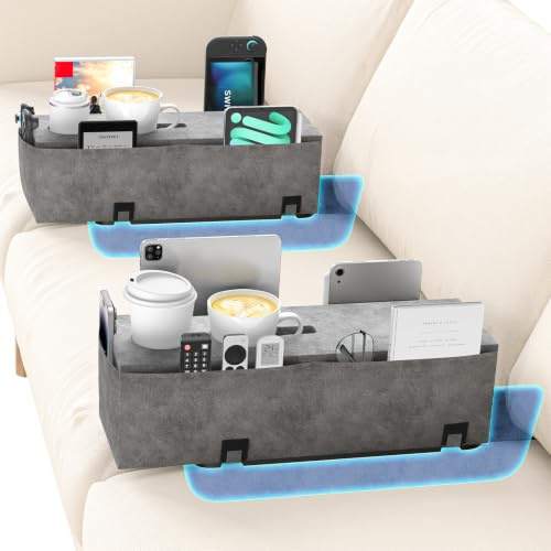 Heyife Sofa Armrest Couch Caddy with Cup Holder, Removable Couch Armrest Table Pillow Drink Holder Tray Insert Between Cushions, Sofa Accessory Storage for Reading & Bed Rest Pillows
