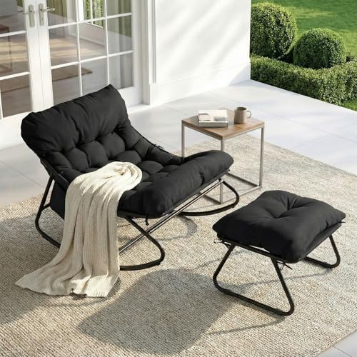 LIFERUN Schaukelstuhl mit Hocker, Patio Schaukelliege, Waterproof, 1 PCS | Schaukelsessel mit Gepolsterter, bis 150 kg Belastbar, für Garten Balkon Wohnzimmer Hof Schlafzimmer Terrasse, Schwarz