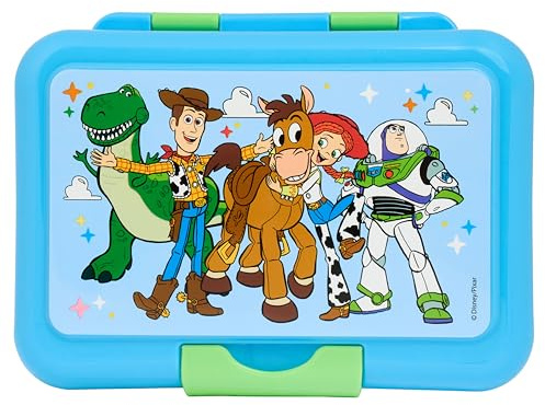Disney Toy Story - Lonchera para niños, contenedor de almuerzo con personajes de Woody, Buzz Lightyear, Rex, Jessie y Bullseye, azul cielo y verde, clip fácil de abrir, duradera y espaciosa para la