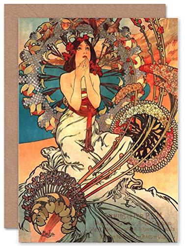 Wee Blue Coo PAINTING MUCHA NOUVEAU WOMAN SPRING FLORAL BLANK GREETINGS CARD
