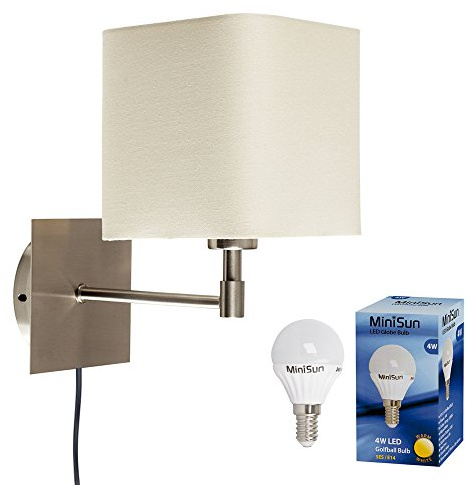 MiniSun | Modern Cream Polycotton Brushed Chrome Wall Light | Wall Lamps & Sconces, Home Décor & Improvement Essential | Includes a 4W LED Bulb [3000K Warm White] | Mains Wired