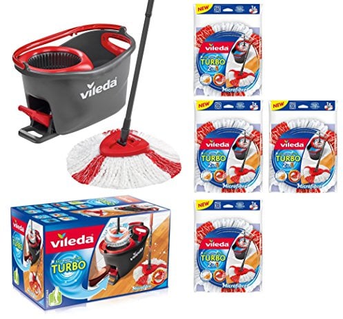 Vileda Easy Wring y Clean Turbo Juego de cubo de fregona con pedal | Mango telescópico 85 - 123 cm | Cabezal de microfibra 2 en 1| Fregona y cubo giratorio para suelos|Sostenible| Vileda love it clean