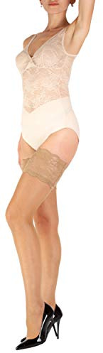 GIULIA 20 DEN sexy halterlose Strümpfe floral gemusterter, bereiter Spitzenband Blumenmuster Silikonband Passion 20 Beige XS/S