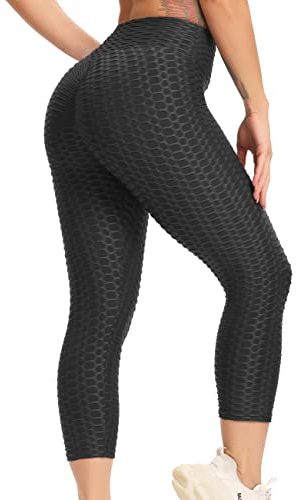 STARBILD Damen Leggings 3/4 Anti Cellulite, Scrunch Butt Yogahose Honeycomb, Capri Boom Booty Workout Gymnastik, L1060-klassisch-Schwarz L