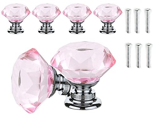 Pink Crystal Drawer Knobs - 6 PCS 30MM Glass Drawer Handles Crystal Cupboard Knobs Diamond Pulls with Screws for Kitchen Office Chest Cabinet Drawer
