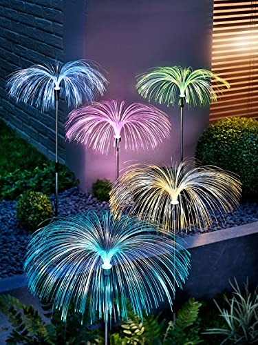5er-Set LED-Gartenstecker Fantasia | Stab aus Edelstahl mit Erdspieß | Aufsatz aus transparenten Fiberglasfäden - Länge 22 cm | warmweißes Licht oder Farbwechsel