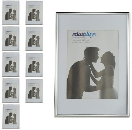 Relaxdays 4 x Bilderrahmen, Din A4, Passepartout 15x20 cm, Glasscheibe, Fotorahmen zum Stellen & Hinhängen, Rahmen, Silber