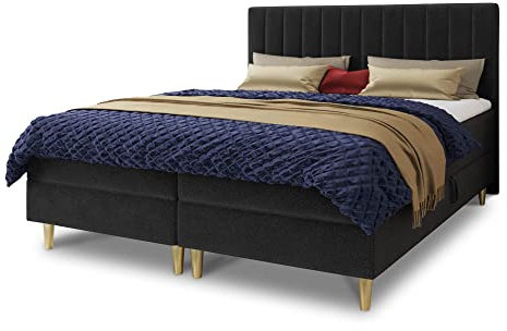 Boxspringbett Gold mit 2 Bettkästen und Topper - Doppelbett, Bonell-Matratze, Polsterbett, Bett mit Matratzentopper, Schlafzimmer, Velours Stoff (Schwarz (Manila 18), 180 x 200 cm)