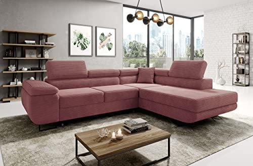 MODERNO Ecksofa mit Schlaffunktion aus Cord - Big Sofa ASTORP - Couch L Form - Schlafsofa mit Bettkasten und Kopfstützen - 277x203x100 cm - Rechts - Rosa - Poso 27