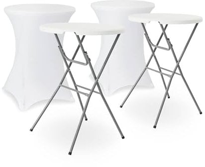 Alice's Garden - Lot de 2 Tables Hautes de réception – Gala – Mange Debout. Pliables. Ø80cm x 110cm + 2 Housses en Polyester. Blanches