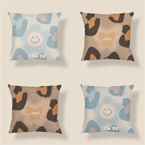 Kissenbezug 50x50cm Boho Dekokissen Cartoon-Smiley-Gesicht Kissenhülle beidseitig Leinen Quadratischer Draußen Kissenbezüge für Sofa Schlafzimmer Wohnzimmer Auto Zuhause deko kissen 4er Set KN-406