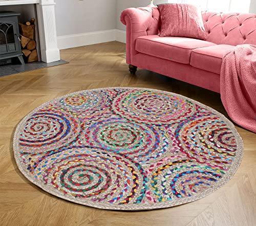 CASAVANI Handgeflochtener böhmischer bunter Teppich, Baumwolle und Jute, Beige, mehrfarbig, runder Teppich für Esszimmer, Wohnzimmer, Schlafzimmer, 1,2 x 1,2 m, rund