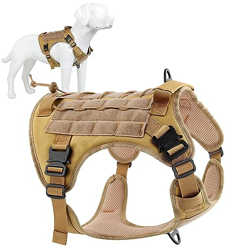 Plutus Pet Tactical Dog Harness with All Metal Buckles, Adjustable, No-pull Service Dog Vest with Molle System for Small Medium Large Dogs (Khaki, S)