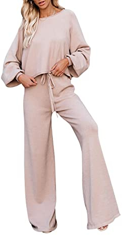 Sovoyontee Damen Langarm Kurz Top Sweatsuit Trainingsanzug Strick Pullover Loungewear Weitem Hose 2-Teiliges Set Aprikose M