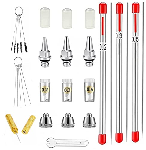 ABEST 24 pezzi Kit di ricambio per aerografo con ugello, ago, tappo ugello, mini chiave, manicotto di protezione del cappuccio pezzi di ricambio per kit di pulizia aerografo