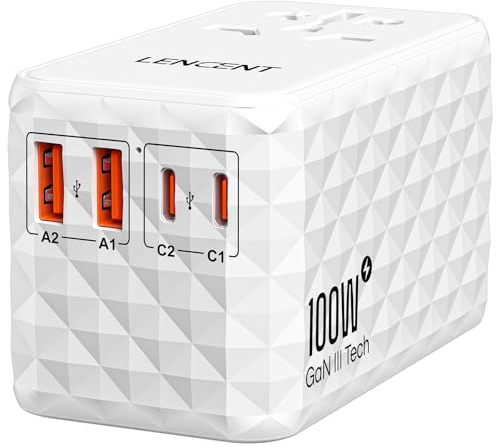 LENCENT Gan III 100W Adattatore Universale, Caricatore Internazionale 2 USB-A e 2 USB-C, Adattatore da Viaggio, Presa Alimentazione a Ricarica Rapida per Tablet, Laptop, Spina di A/C/G/I, Bianco