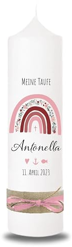VILLA ROSA LOTTA - Personalisierbare Taufkerze Kommunionkerze Antonella mit Wunschdaten und Rückseite I Regenbogen Rosa I 25 cm x 7 cm I Taufkerzen für Jungen und Mädchen I Farbe elfenbein weiß