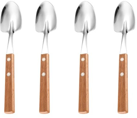 Ouliget Cuchara retro con mango de madera, cucharas de acero inoxidable con forma de pala, cuchara de frutas de helado, cubiertos plateados con mango marrón, 4 unidades.