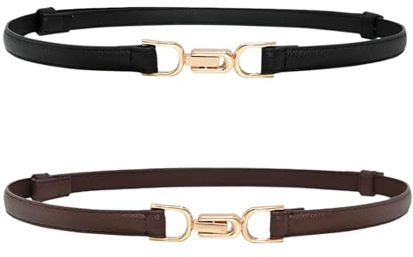 KEYRI Lot de 2 Ceintures en Cuir pour Femme Ceinture Fine Classique Elégantes Simple Belt Ceinture Réglable pour Jeans Jupe Pantalon Robe Décoration Casual (Noir+Brun)