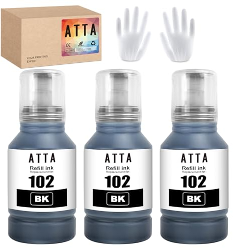 ATTA 102 Black Ink Bottle Replacement for Epson 102 Compatible with Epson EcoTank ET-2700 ET-2750 ET-2751 ET-2756 ET-3700 ET-3750 ET-3850 ET-4850 ET-4750 ET-15000 ET-4856 (3x127ml Black)