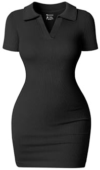 OQQ Women's Mini Dresses Sexy Ribbed Short Sleeve Tummy Control Bodycon Mini Dress Black