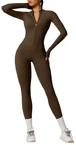 Litthing Women Yoga Jumpsuit Long Sleeve Zip Up Stretchy Unitards Slim Fit | Gym Playsuit, Sports Tight Romper, All in One Bodycon Bodysuit, Workout One Piece, Smooth Touch, Push Up, Fitness, Daily Wear