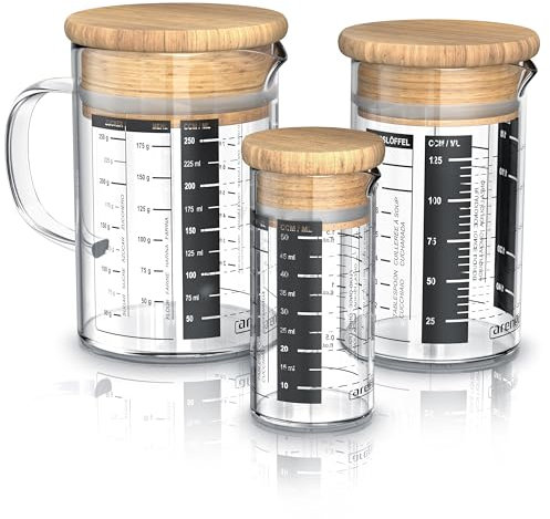 Arendo Set Glass Measuring jugs 250 + 125 ml 50ml (0,25l 0,125l 0,05l) with Measurements displayed, Transparent Kitchen Measuring jug, Borosilicate Glass, Silicone Seal, Beaker with lid