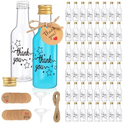 Aerwo Lot de 50 mini bouteilles à liqueur avec couvercles, 50 ml avec bouchons hermétiques, entonnoirs, étiquettes et ficelle pour jus, cocktails, spiritueux, petites bouteilles vides en plastique