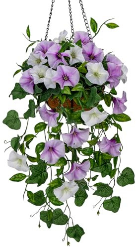 Briful 15.7 Hanging Basket Artificial Flowers Morning Glory Silk Flowers White Artificial Flower Fake Morning Glory Flowers Hanging Basket for Home Garden Decor