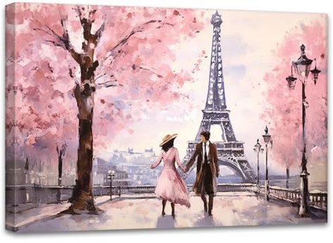 ZQQART Paris Leinwandbild Eiffelturm Bild Wanddekoration Paar in der Straße Gemälde Drucke Wohnzimmer Schlafzimmer Dekor Rahmen(Paris -1,30x45cm)