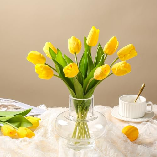 YunNasi Tulipanes Artificiales 10pcs Flores Artificiales Realistas Tulipanes Falsos Decorativas Interior Ramo de Novia Regalo de Fiesta y Cumpleaños (Amarillo, 10pcs)